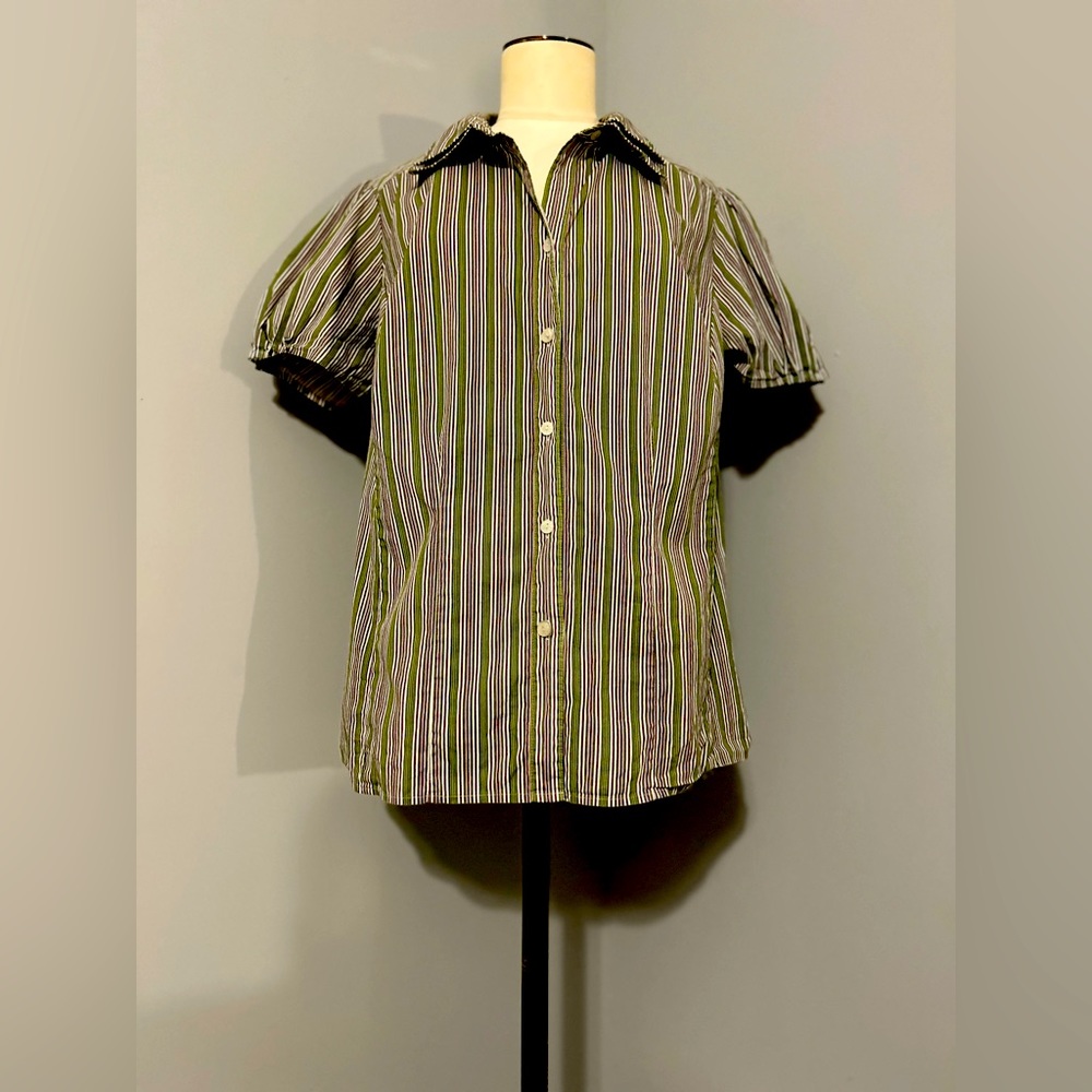 Lane Bryant double collar olive, navy, lilac, and white button blouse size 14
